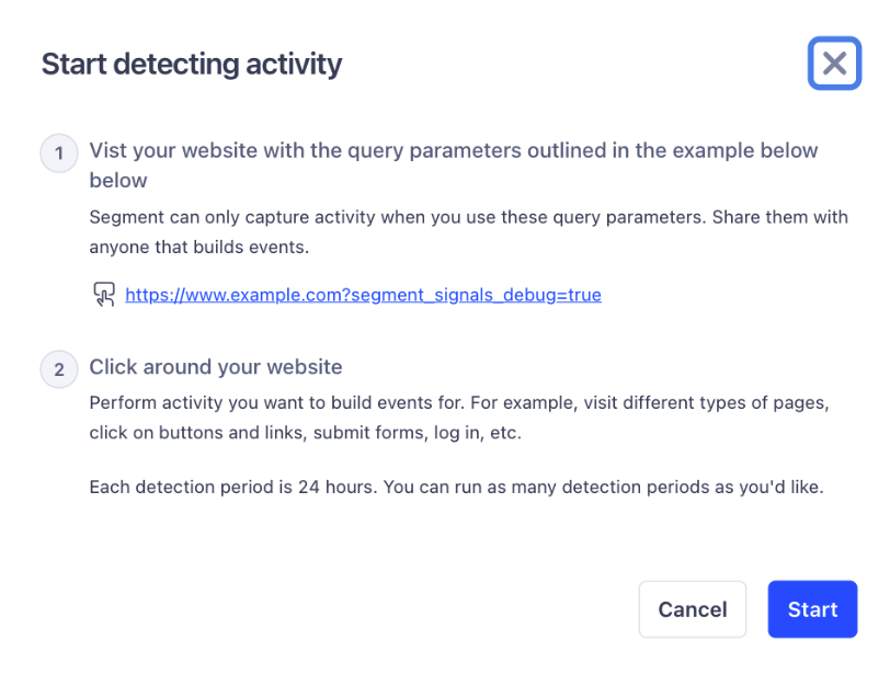 Prompt in the Event Builder showing how to start detecting activity by visiting the website with a debug query parameter and interacting with the app