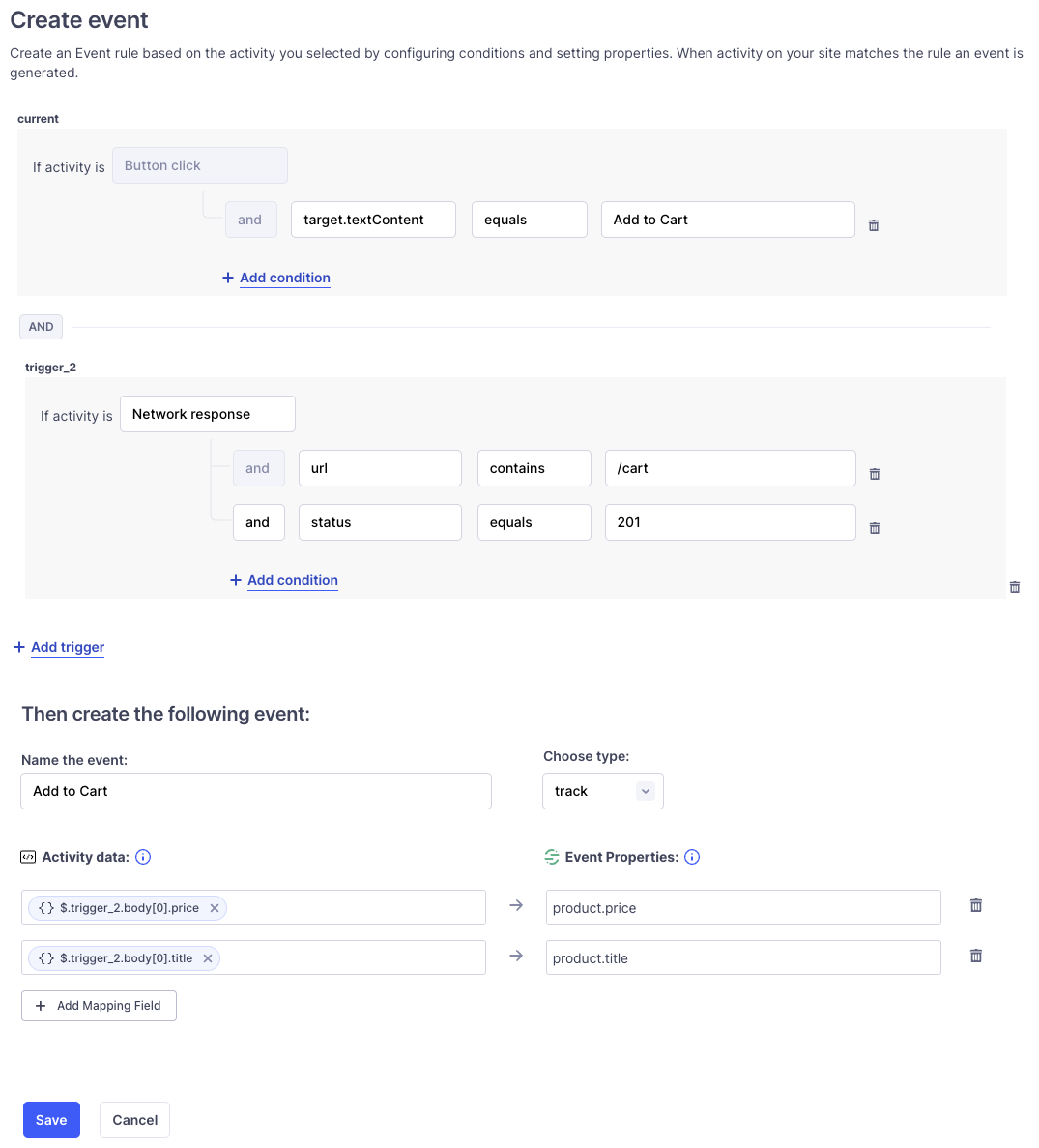 Track event rule for Add to Cart using button click and network response